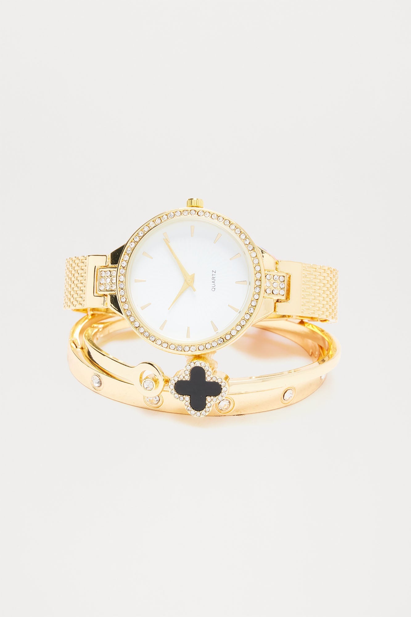 Senara Clover Embellished 3 Piece Watch Set - Gold