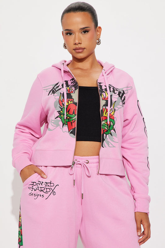 Senara Ed Hardy Sacred Angel Zip Up Hoodie - Pink