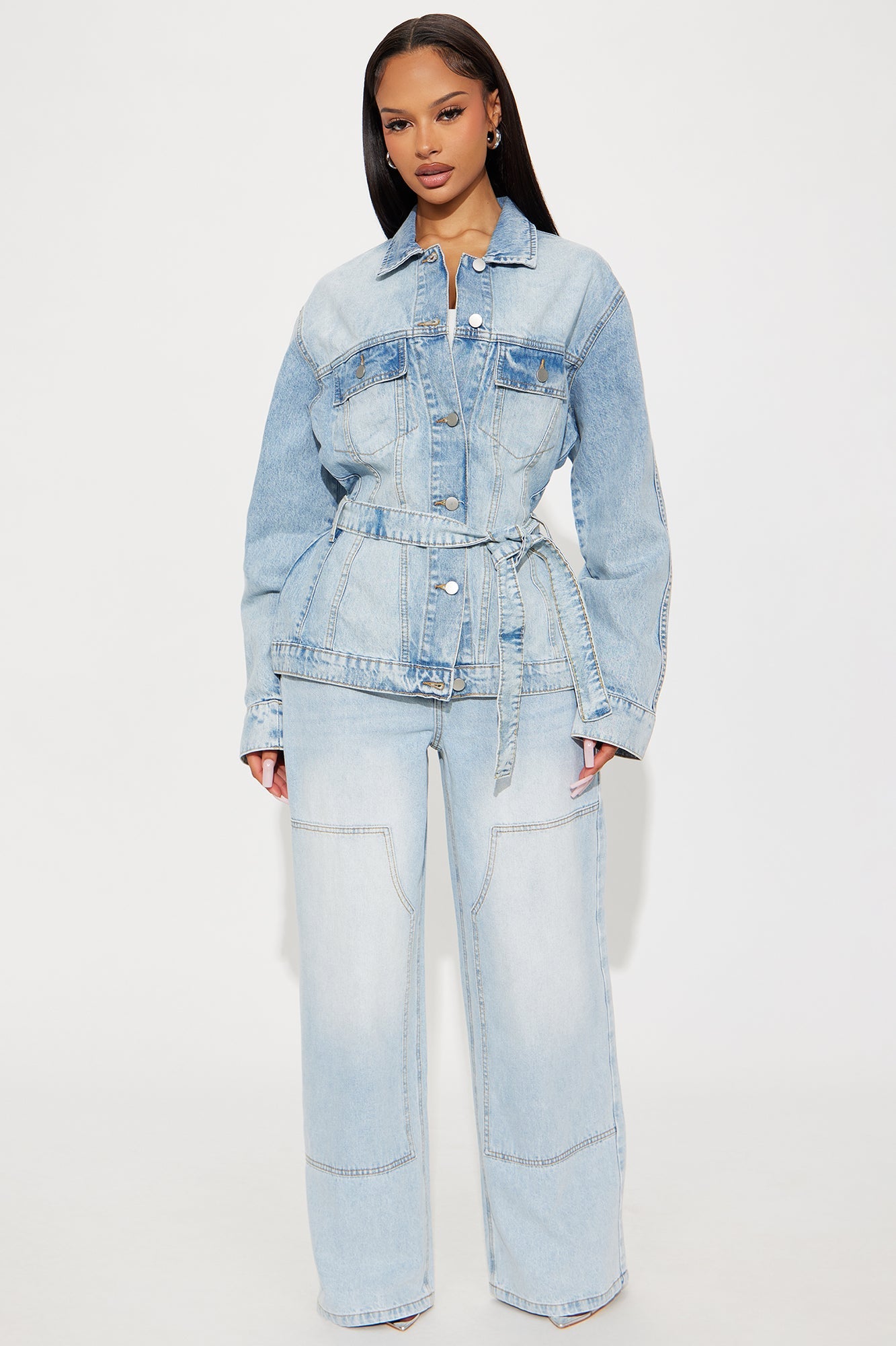 Senara Selene Belted Hourglass Denim Jacket - Light Wash