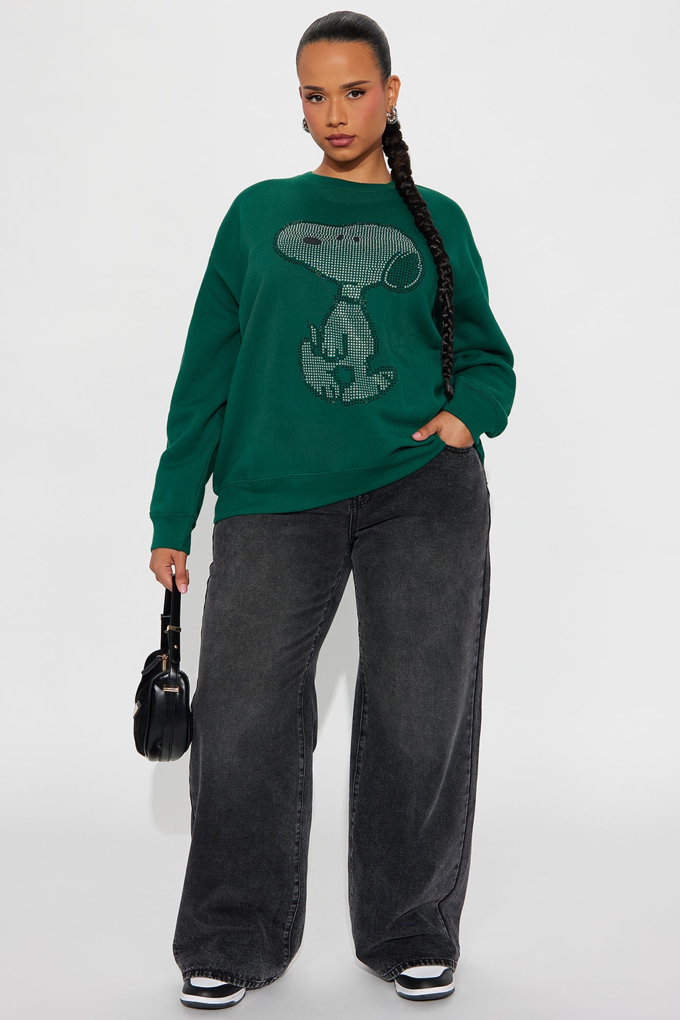 Senara Snoopy Rhinestone Crew Neck Sweatshirt - Green