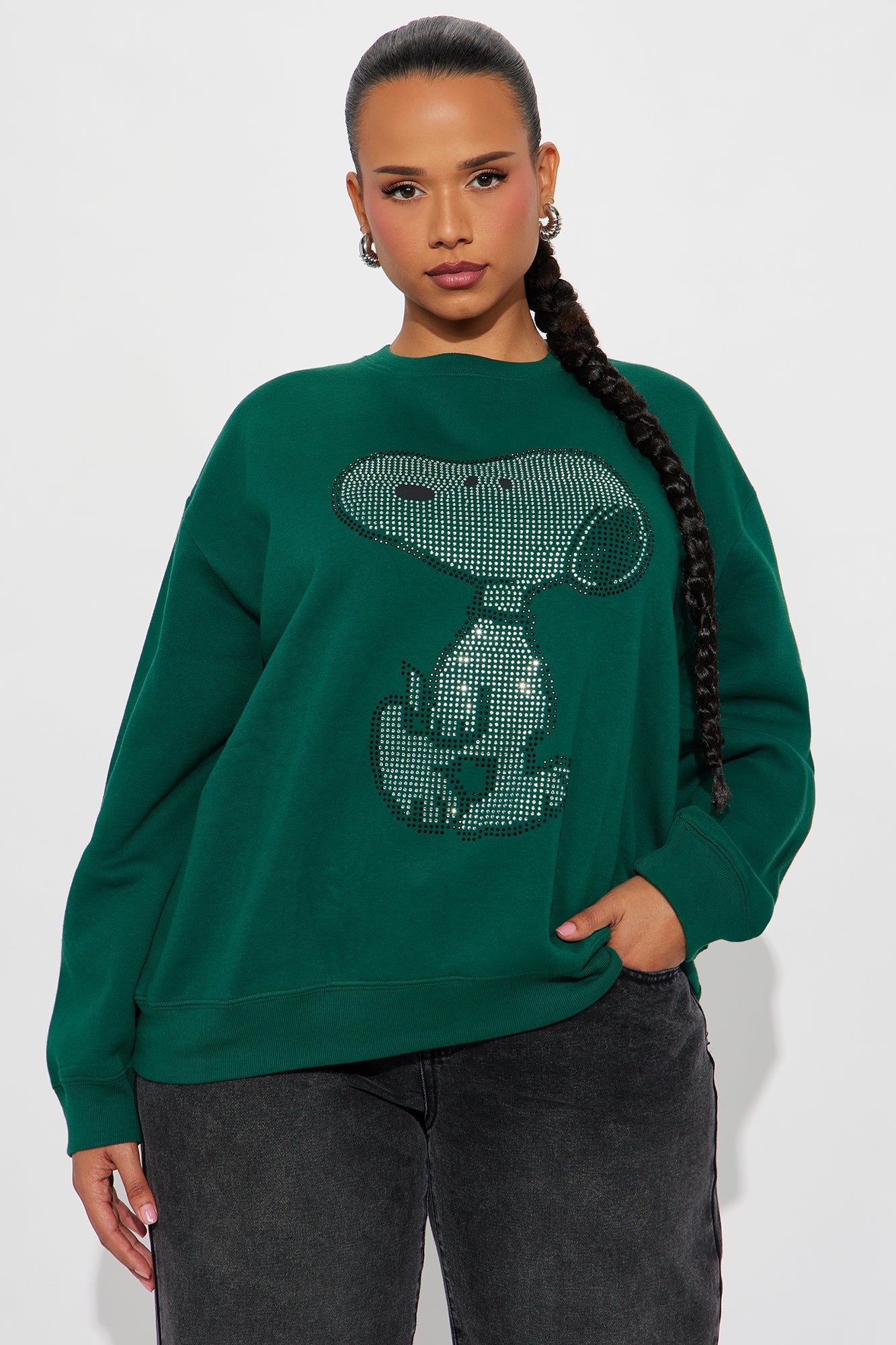 Senara Snoopy Rhinestone Crew Neck Sweatshirt - Green
