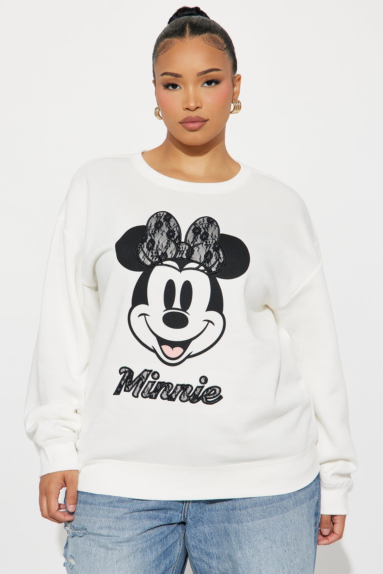 Senara Minnie Mouse Lace Fleece Crew Neck Sweatshirt - Cream