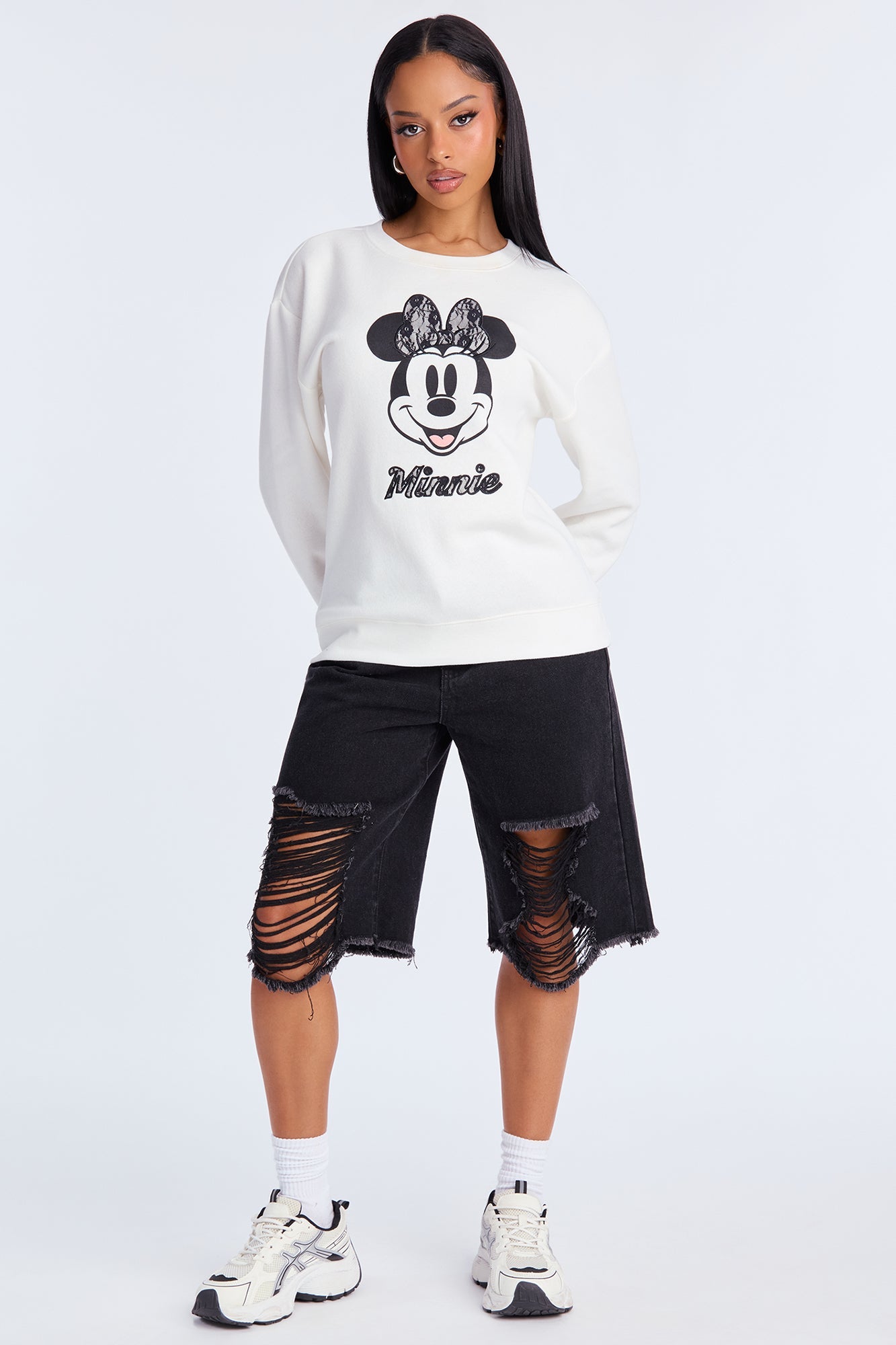 Senara Minnie Mouse Lace Fleece Crew Neck Sweatshirt - Cream