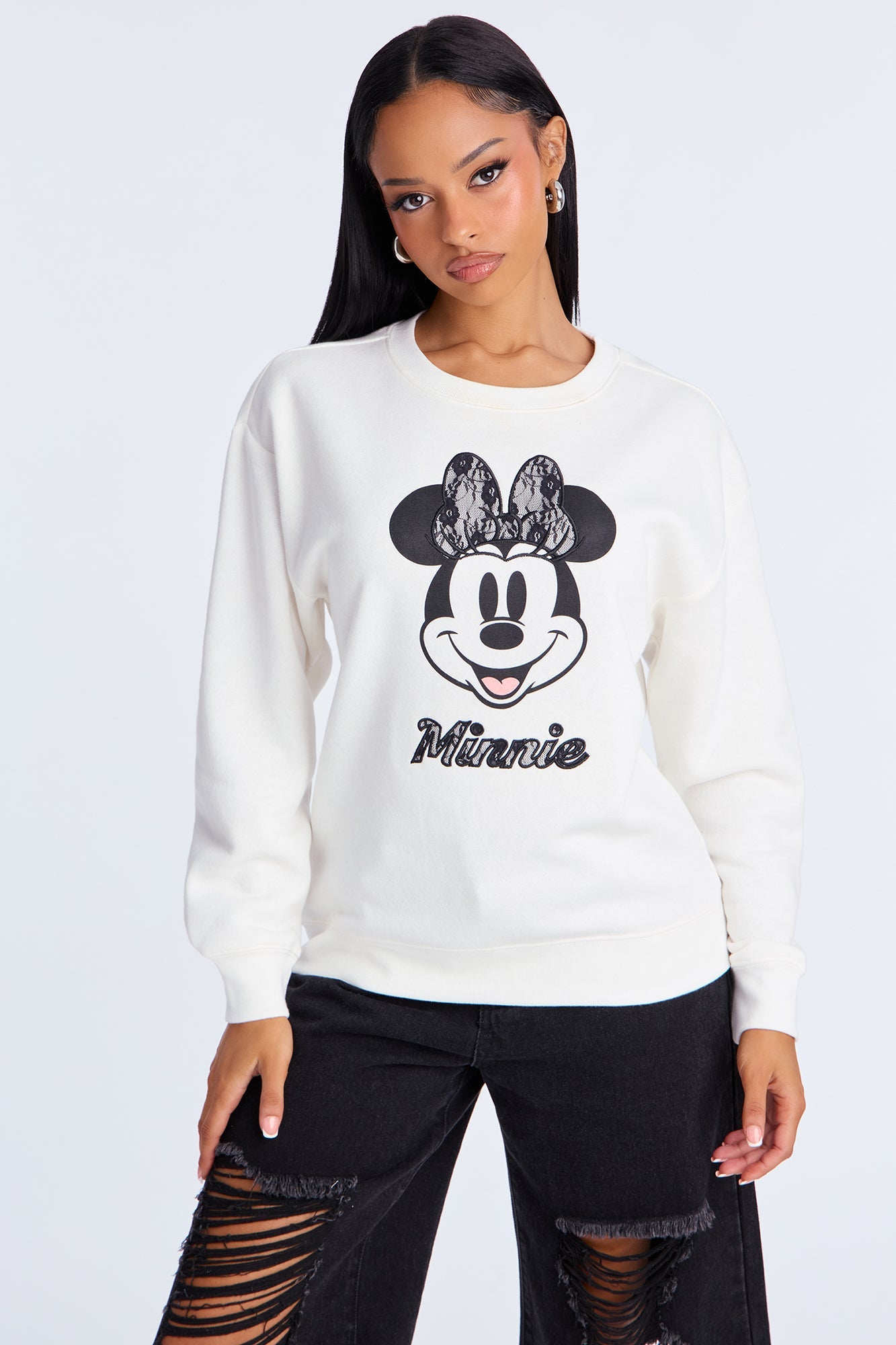 Senara Minnie Mouse Lace Fleece Crew Neck Sweatshirt - Cream