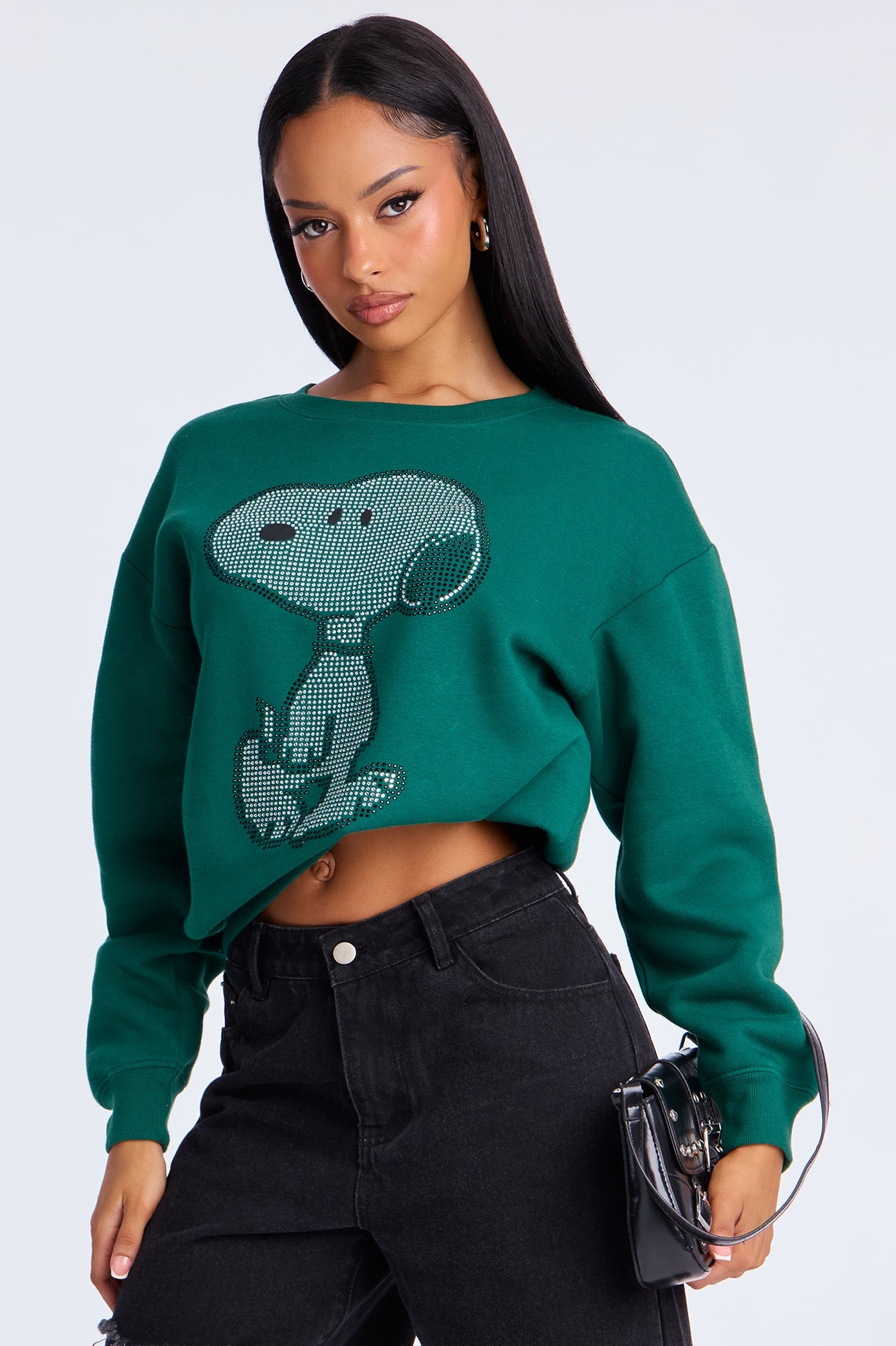 Senara Snoopy Rhinestone Crew Neck Sweatshirt - Green