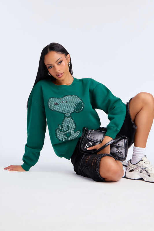 Senara Snoopy Rhinestone Crew Neck Sweatshirt - Green
