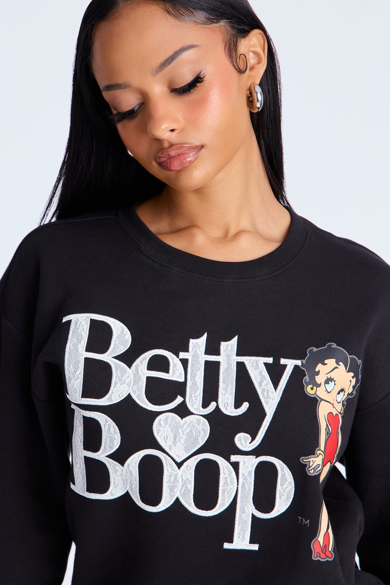 Senara Betty Boop Lace Crew Neck Sweatshirt - Black