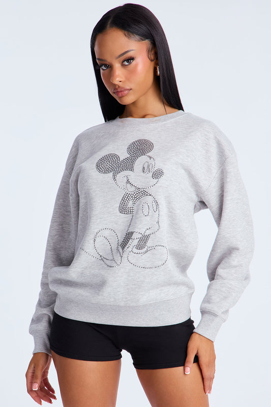 Senara Mickey Mouse Rhinestone Crew Neck Sweatshirt - Heather Grey