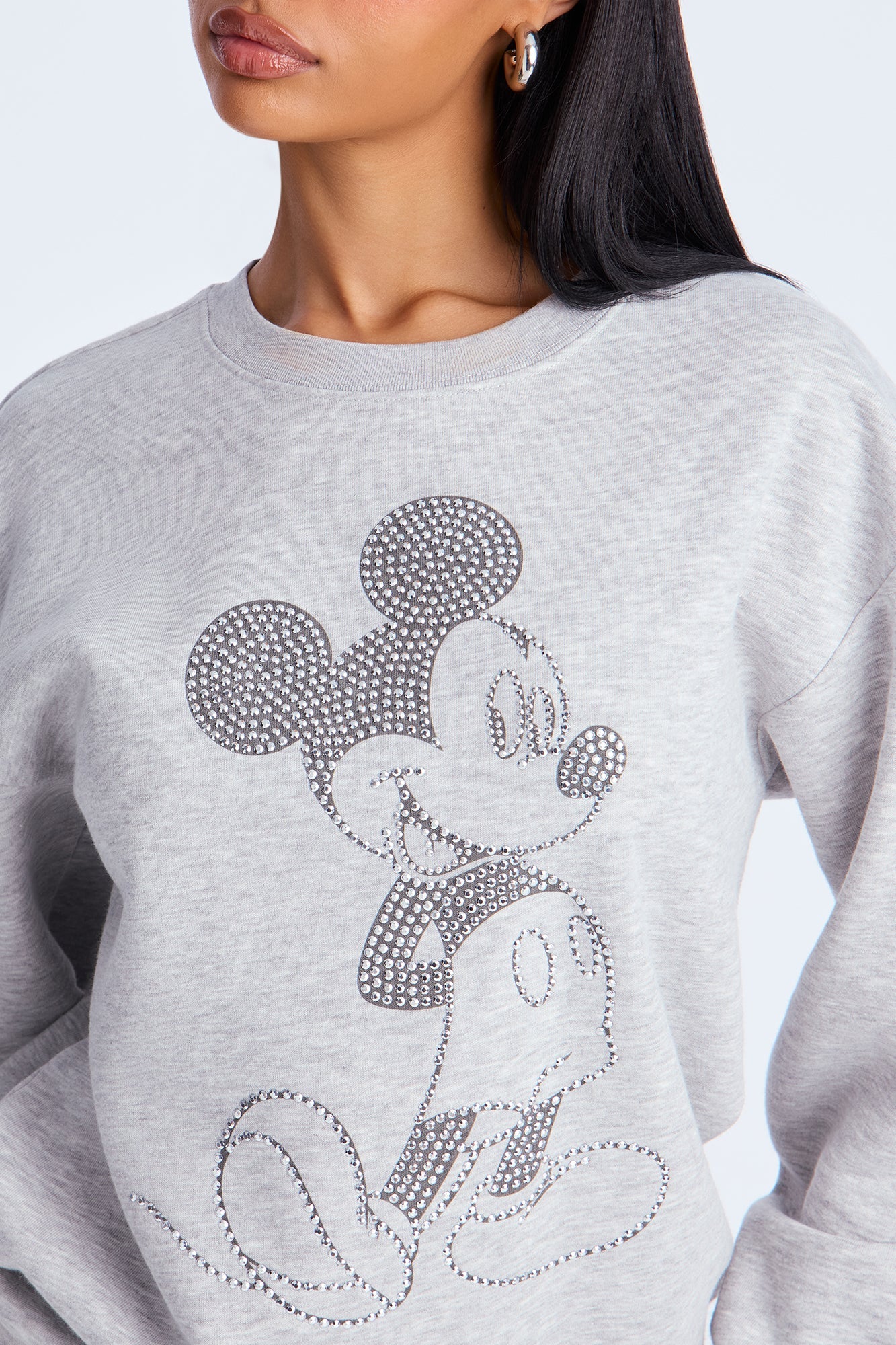 Senara Mickey Mouse Rhinestone Crew Neck Sweatshirt - Heather Grey