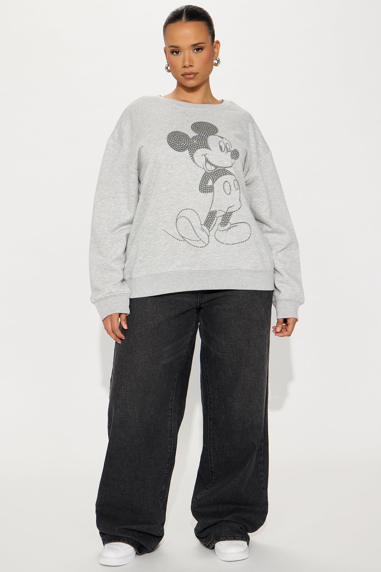 Senara Mickey Mouse Rhinestone Crew Neck Sweatshirt - Heather Grey