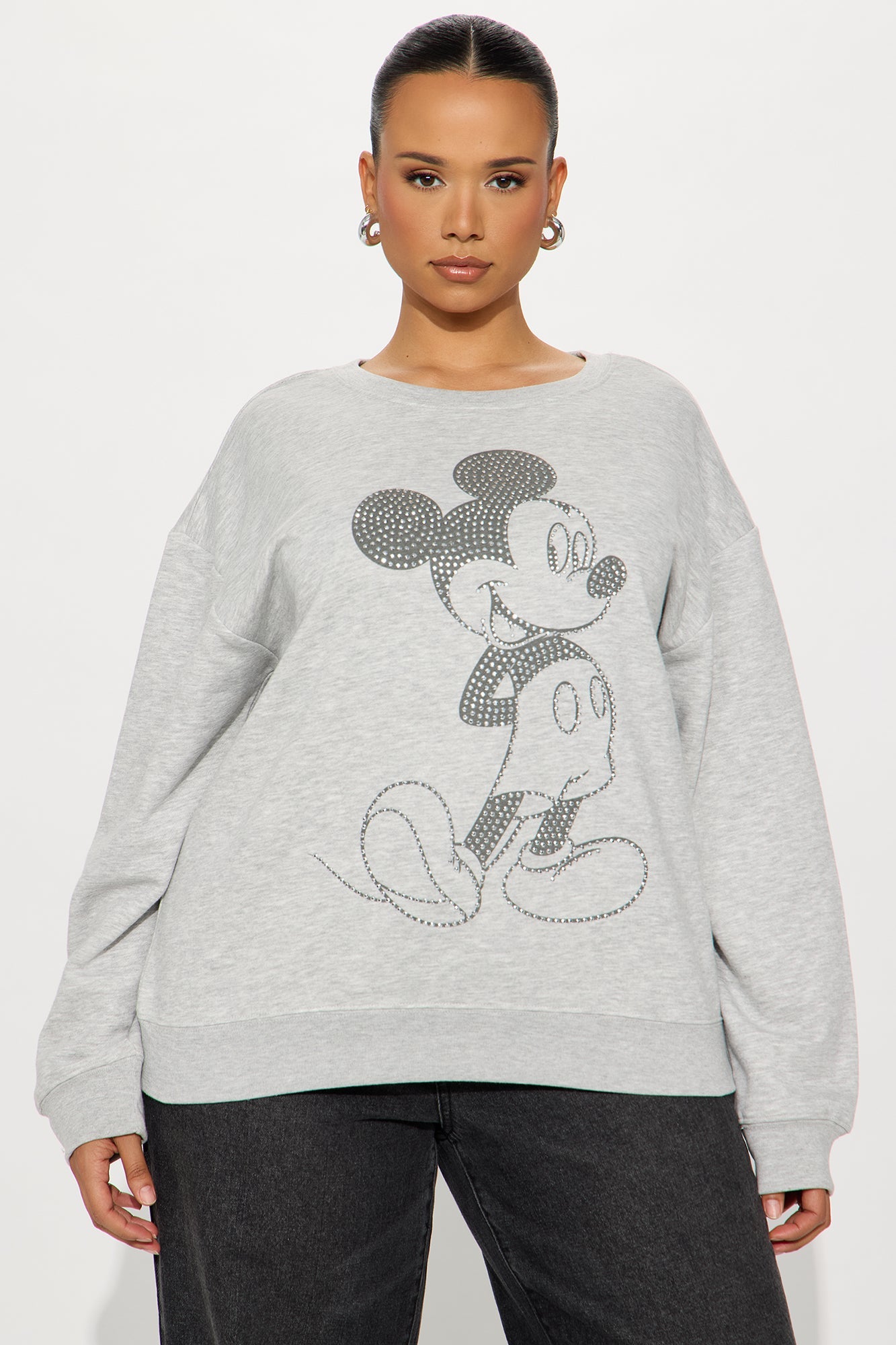 Senara Mickey Mouse Rhinestone Crew Neck Sweatshirt - Heather Grey