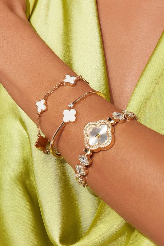 Senara Working For It 3 Piece Watch And Bracelet Set - White/Gold