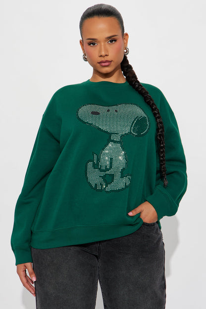Senara Snoopy Rhinestone Crew Neck Sweatshirt - Green