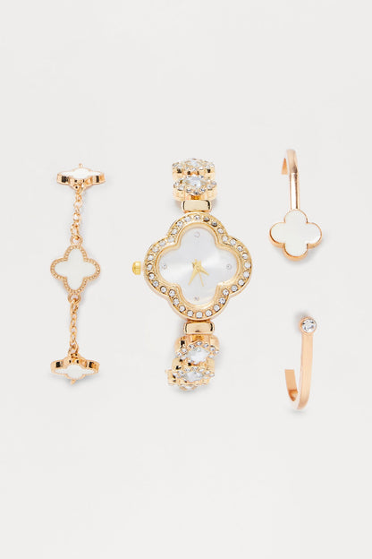 Senara Working For It 3 Piece Watch And Bracelet Set - White/Gold