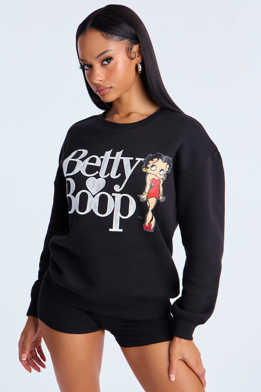 Senara Betty Boop Lace Crew Neck Sweatshirt - Black