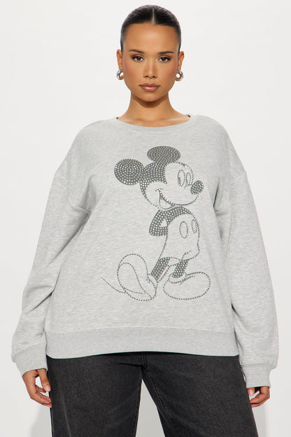 Senara Mickey Mouse Rhinestone Crew Neck Sweatshirt - Heather Grey